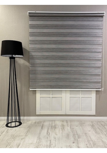 Zebra Stor Perde Dar Plise Güneşlik Antrasit Gri Çizgili Antrasit Gri