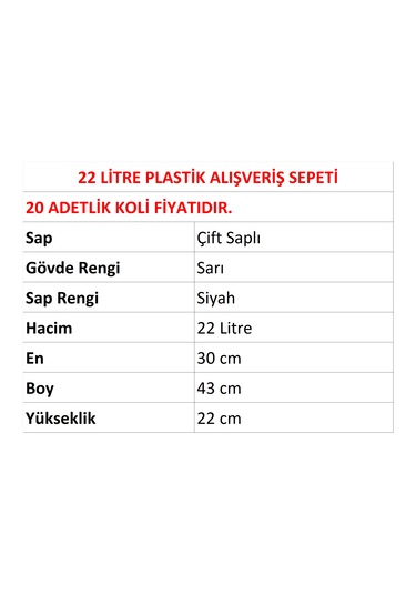 22 Litre Plastik Market Alışveriş El Sepeti Sarı 20 Adet / En:30 Boy:43 Yükseklik:22 Cm Sarı