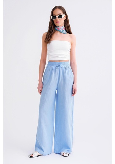4286 Kadın Bol Paça Beli Lastikli Müslin Palazzo Pantolon Bebe Mavi Bebe Mavi