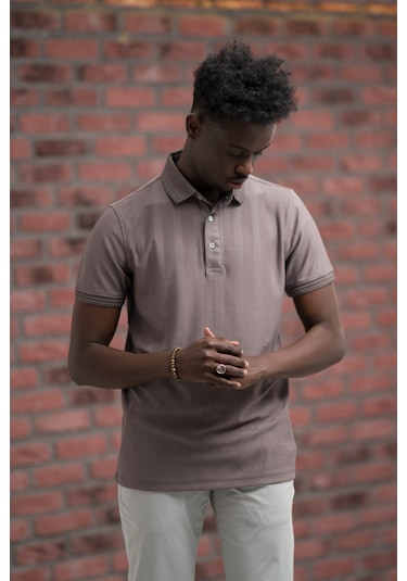 Regular Fit Likralı Kendinden Çizgili Polo Yaka T-shirt Vizon