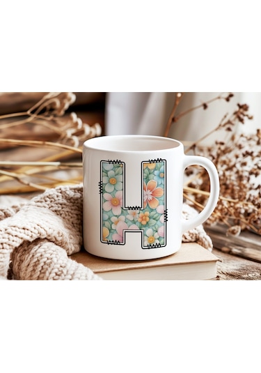 H Harfli Pastel Çiçek Desenli Kahve Kupası - Kişiye Özel Çiçekler Koleksiyonu Bardak - Hediye Beyaz