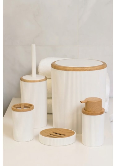 Makri Home Banyo Seti 5'li, Beyaz, Ahşap Desenli, Yuvarlak
