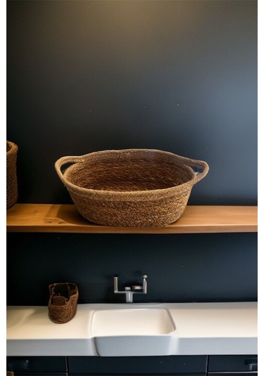 1 Adet Hasır Örgülü Bej Şeritli Organizer & Ekmeklik Hasır