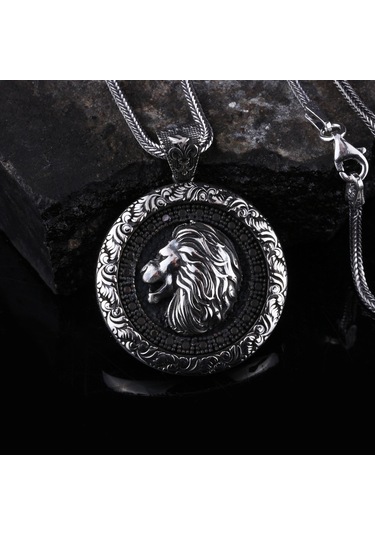 Otantik Motifli Zirkon Taşlı Gümüş Aslan Kolye Gümüş