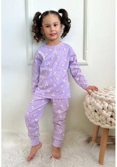Kız Çocuk Fitilli Kumaş Çiçek Desenli Pijama Takımı Esnek Kumaş Yeni Sezon Mor Renk Mor