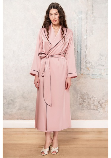 Francesca Gül Kurusu Uzun Saten Biye Detaylı Sabahlık / Kimono Pembe