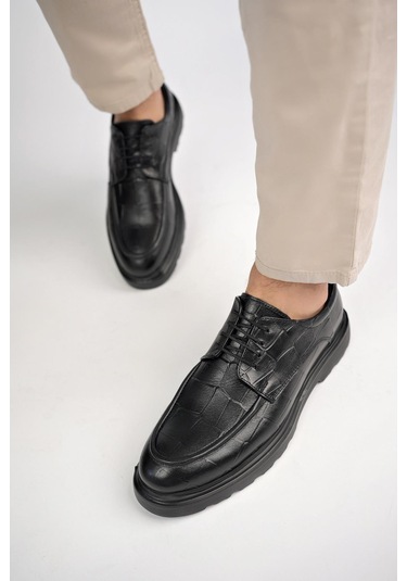 Muggo Norman Garantili Günlük Klasik Hakiki Deri Casual Rahat Ortopedik Kalın Taban Erkek Ayakkabı Siyah