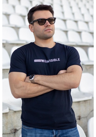 Erkek Lacivert Invisible Yazı Baskılı Basic Kısa Kollu Bisiklet Yaka Tişört 20etshyunz 001