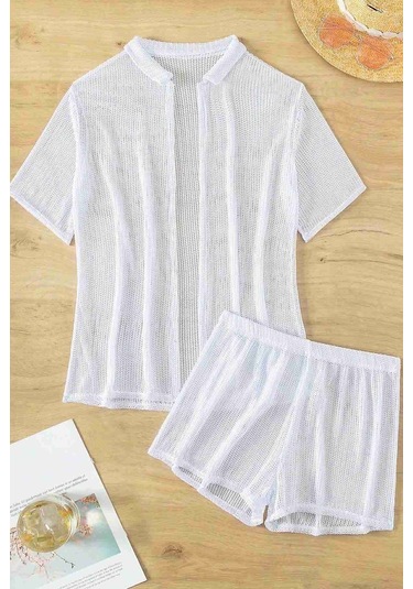 Angelsin Yaka Detaylı Gömlek Görünümlü Alt Üst Şort Takım Plaj Elbisesi Pareo Beyaz 001