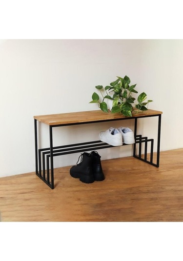 Doğal Ahşap Bovi Metal Ayakkabı Rafı Siyah