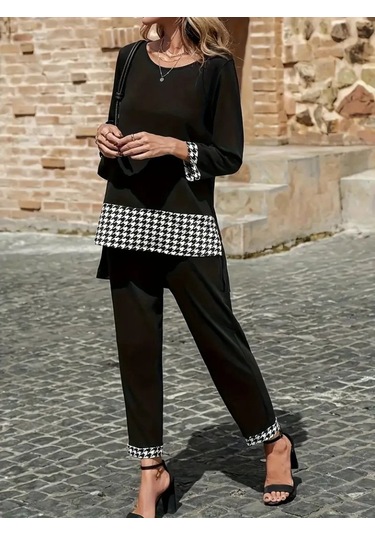 Tua Moda Kadın Uzun Kollu Yuvarlak Yakalı Kaz Ayağı Detaylı Viskon Iki Iplik Bluz Ve Pantolon Ikili Takım Siyah
