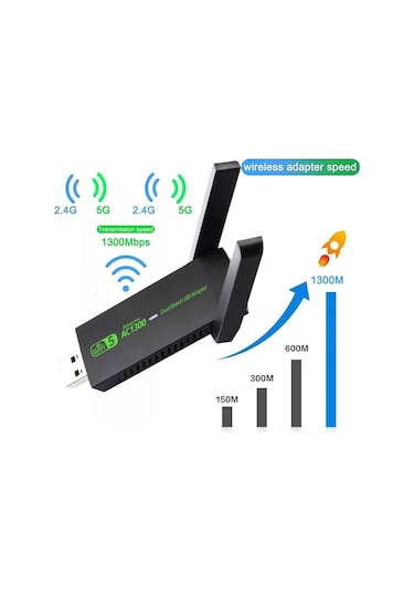 Usb Wireless Adaptör Wifi5 Ac1300 Mbps Dual Bant Usb Adapter 2.4g -5g