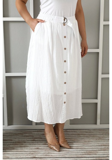 Büyük Beden Kadın Astarlı Müslin Kumaş Düğmeli Cepli Uzun Etek Beyaz