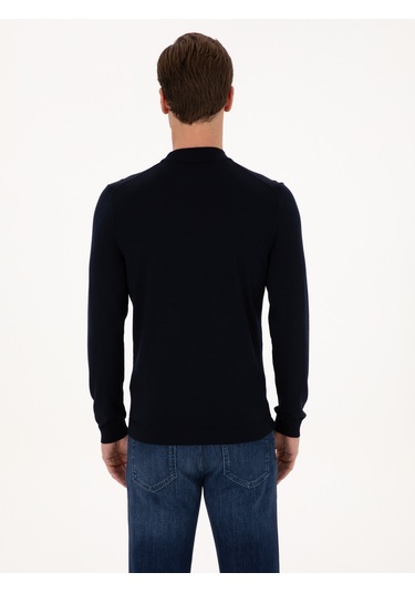 Cacharel Lacivert Slim Fit Yün Karışımlı Çeyrek Balıkçı Basic Triko Kazak
