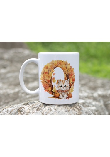 O Harf Sonbahar Yaprak Temalı Kupa Bardak - Sevimli Figürler İle Alfabe Harfli Bardak - Kişiye Özel Beyaz