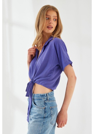 4230 Kadın Bağlamalı Yazlık Keten Gömlek Lila Lila