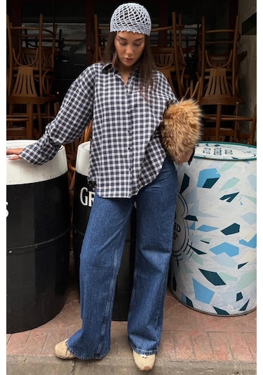 Madmext Lacivert Oversize Kareli Kadın Gömlek Mg2822