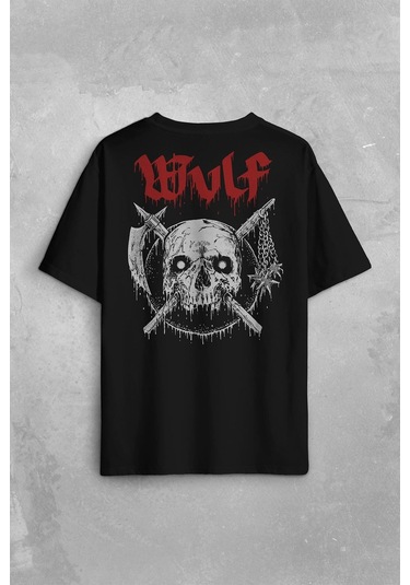 Wulf Metal Rock Band Skull Kuru Kafa Urban Gothic Sırt Ön Baskılı Oversize Tişört Unisex T-shirt 001
