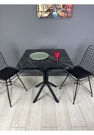 Tepe Siyah Mermer Mutfak Yemek Masası Balkon Masası Kavisli Köşe Siyah Ayak 70 Cm