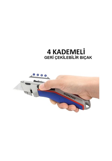 Workpro Wp213015 Ağır Hizmet Alüminyum Gövde Otomatik Geri Çekilebilir Rötuş Maket Bıçağı + 5 Adet Yedek Bıçak Fr Wp213015