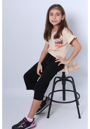 Kız Çocuk İkili Takım Sırt Baskılı Püsküllü Kolları Fıfırlı F20 Bej