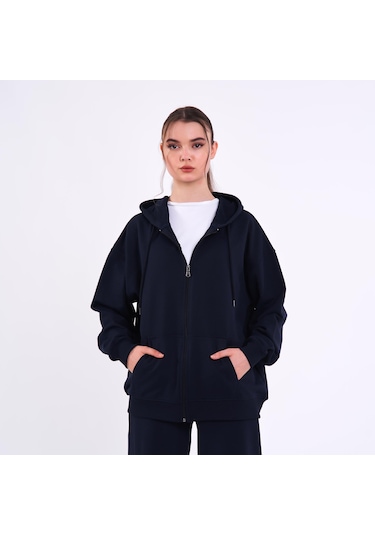 MMetalic Lacivert Kanguru Cepli Kapüşonlu Fermuarlı Oversize Kadın Sweatshirt Lacivert