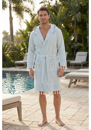 Kapşonlu Unisex Peştemal Plaj Bornozu %100 Pamuklu Seaside Stripe Turkuaz