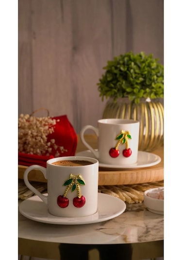 Kiraz 4 Parça 2 Kişilik Porselen Kahve Takımı 100 ML