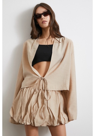 Geniş Kol Önden Bağlamalı Bluz Bej Bej