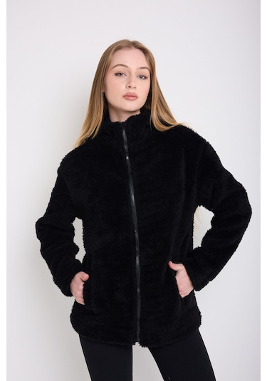 Kadın Siyah Peluş Rüzgar Geçirmez Welsoft Çift Cepli Kapüşonlu Kışlık Mont Siyah
