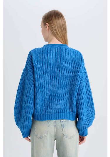 DeFacto Coool Oversize Geniş Kalıp Bisiklet Yaka Triko Kazak V1811AZ24CWBE124 Mavi