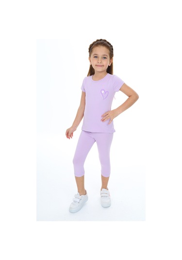 Toontoy Kız Çocuk Varaklı Kalp Baskılı Kaprili Takım Lila
