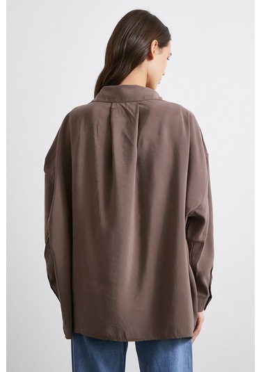 Oversize Cepli Modal Gömlek Kahve Kahve
