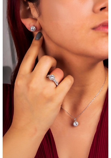 925 Ayar Gümüş Rodyumlu Full Zirkon Taşlı Yuvarlak Bayan Takı Seti -8237 Gümüş