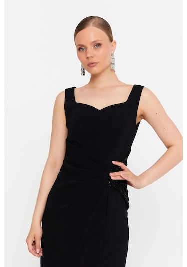 Doridorca Kadın Kolsuz Balık Form Abiye Elbise 7013 Siyah Siyah