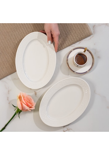 Porsima 4459 Burçak Porselen Kayık Tabak Seti - Oval Kahvaltılık Sunumluk Seti 25cm Beyaz