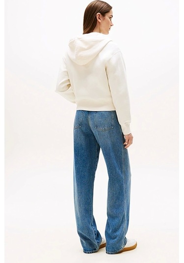 Tommy Hilfiger Kadın Yazı Baskılı Pike Fermuarlı Kapüşonlu Beyaz Sweatshirt Ww0ww45742ya8 Beyaz