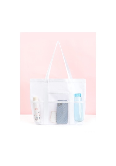 Skycity Beyaz Çok Amaçlı Katlanabilir Ağ Desenli Çanta - Plaj, Spor, Yürüyüş İçin Dayanıklı Poliester Büyük Kapasiteli Taşıma Çantası Beyaz