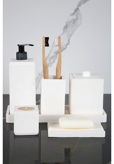 Betonmall 7 Parça Beton Banyo Seti Takımı Katı Sıvı Sabunluk Diş Fırçalık Tütsülük Kokuluk Sunum Tepsisi - Sade Beyaz Sade Beyaz