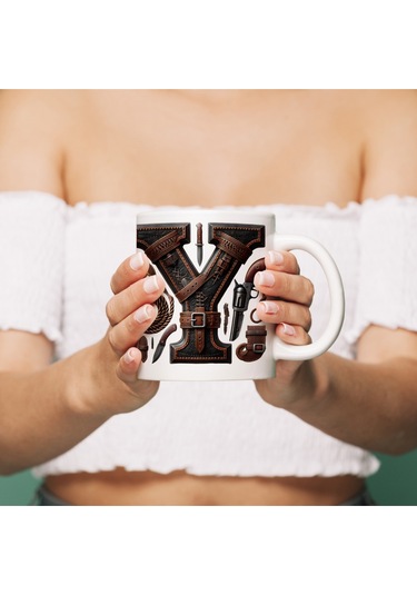 Y Harfi Kovboy Temalı Bardak 330 Ml İsim / Harf Kişiye Özel Hediye - Vahşi Batı Konsept Beyaz