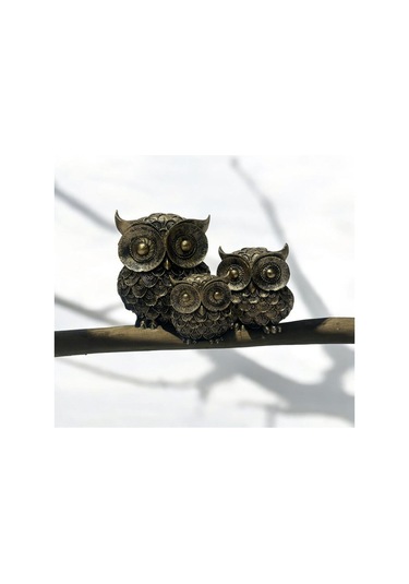 Dekoratif Polyester Üçlü Baykuş Biblo Set Gold Eskitme