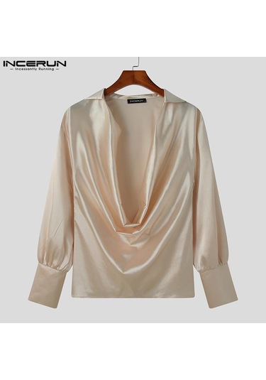 Incerun Salıncak Yaka Erkek Hollow Out Uzun Kollu Saten Üstler Bej