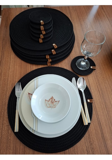 Siyah 6 Kişilik 12 Parça Amerikan Servis, Hasır Supla Takımı, Tab Siyah