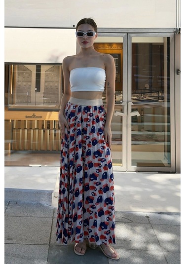 Beli Lastikli Pliseli Etek 6029 Bej/lacivert Bej-lacivert