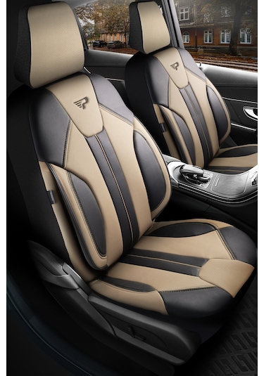 Bej - Siyah Panda Carlone Serisi Ful Deri Oto Koltuk Kılıfı - Tam Set