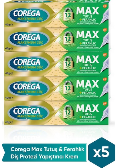 Corega Max Tutuş & Ferahlık Diş Protezi Yapıştırıcı Krem 40g x 5 Adet