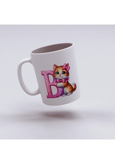 B Harfli Bardak, Sevimli Kedili Pembe Tasarım Bardak, Arkadaşa Aileye Hediye Porselen Beyaz