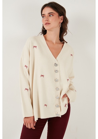 Lela Oversize Fit Desenli V Yaka Triko Bayan Hırka 4616193 Krem-Kırmızı