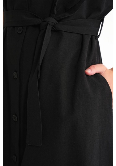 4721 Kadın V Yaka Düğme Detaylı Keten Elbise Siyah Siyah