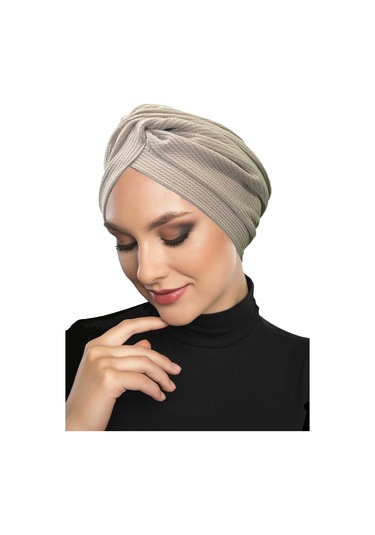 Çapraz Fitilli Penye Bej Hazır Türban Tesettür Havuz Bonesi Bej